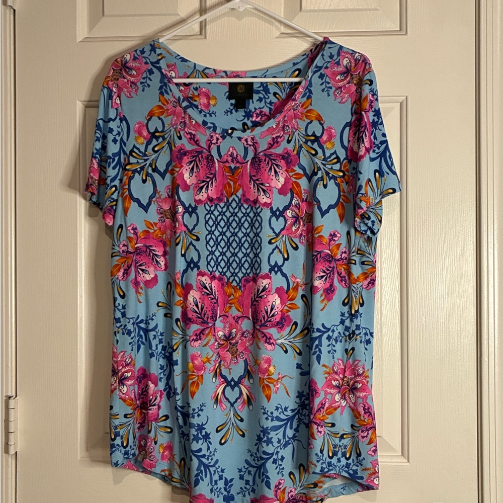 JM Collection Blue and Pink Floral Short Sleeve Top